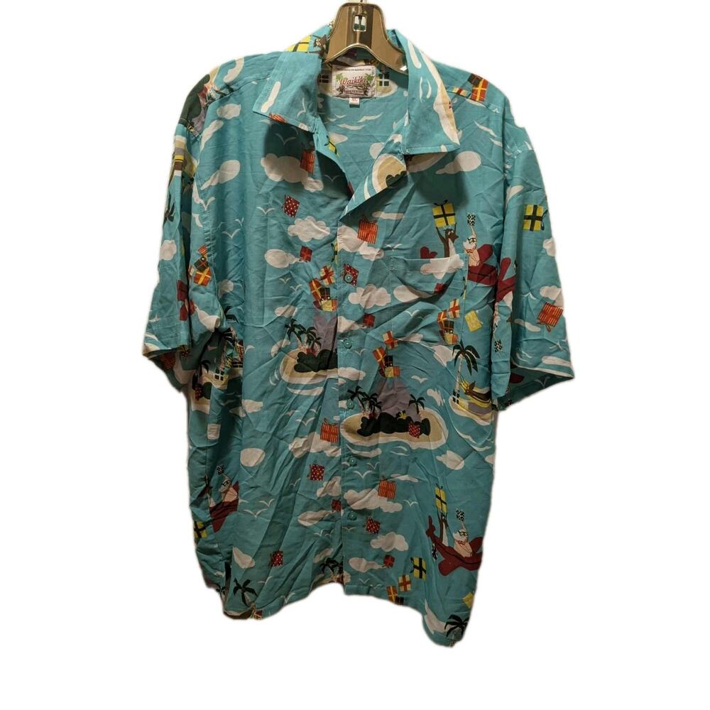 Hawaiian Santa Teal Button-up Shirt Size XL Waikiki Creations Christmas Holiday